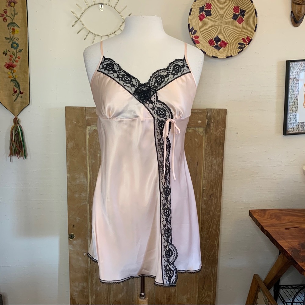 Victoria’s Secret pink satin slip with black lace